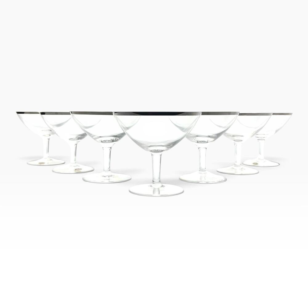 1960s Mid-century Vintage Set of 7 Silver Rim Coupe Champagne Glasses 3 7/8β 8oz